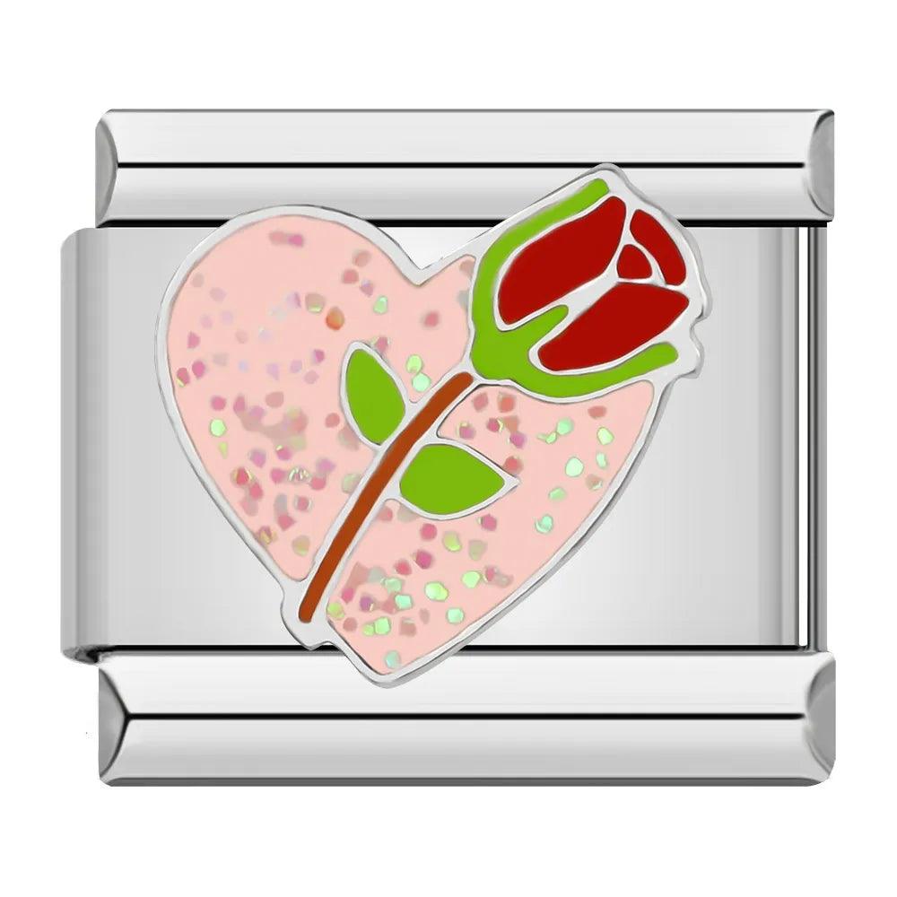 Glittery Pink Heart with Whole Red Rose, on Silver - Charms Official